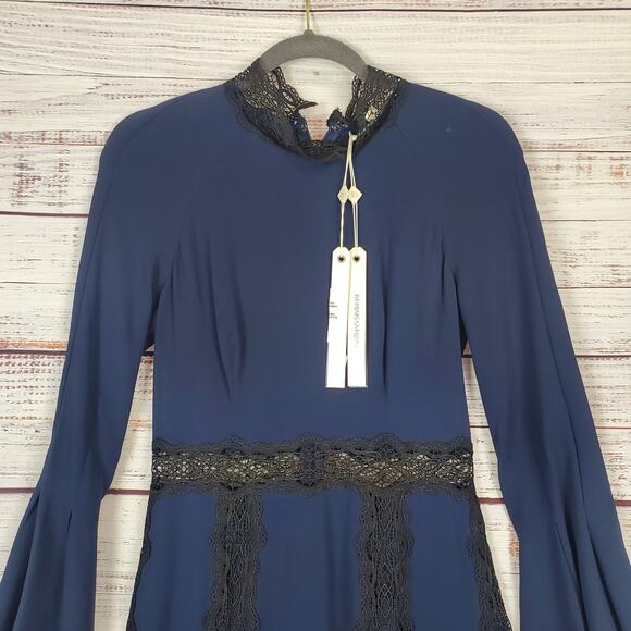 Jonathan Simkhai Blue Dress Black Lace Trim 4 Swing Party Flare Bell Sleeve NWT - Picture 5 of 16